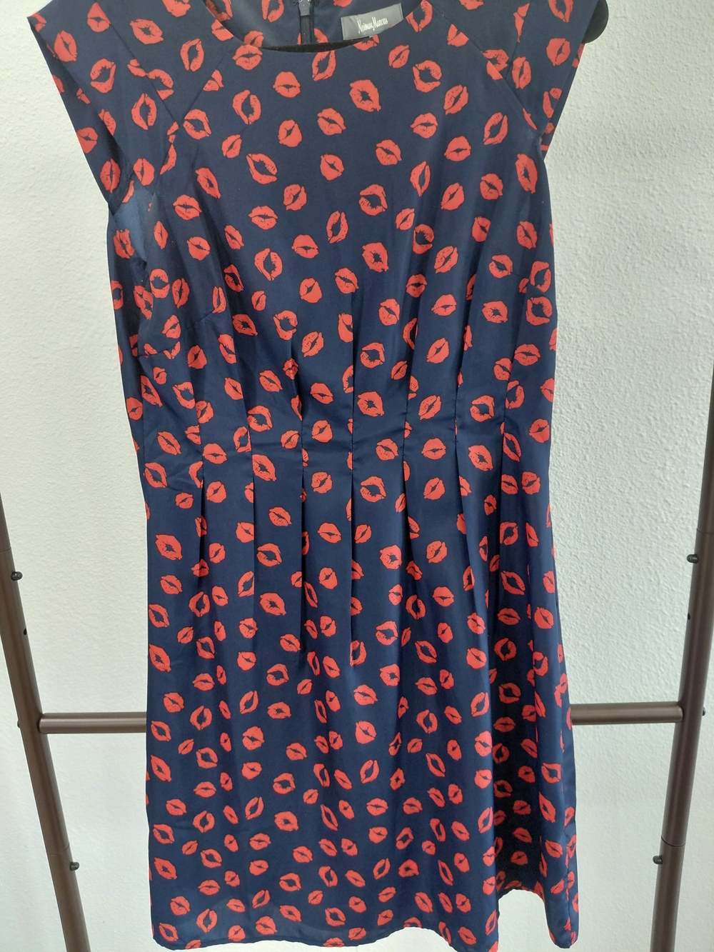 Neiman Marcus Lip Print Navy Fit-and-Flare Dress